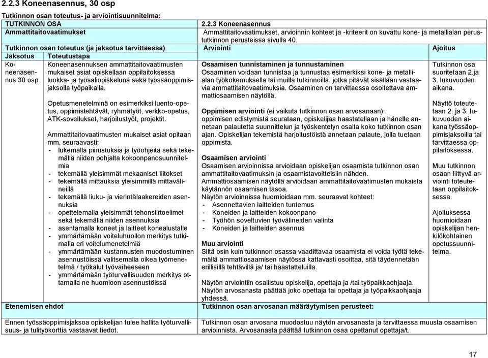 seuraavasti: - lukemalla piirustuksia ja työohjeita sekä tekemällä niiden pohjalta kokoonpanosuunnitelmia - tekemällä yleisimmät mekaaniset liitokset - tekemällä mittauksia yleisimmillä