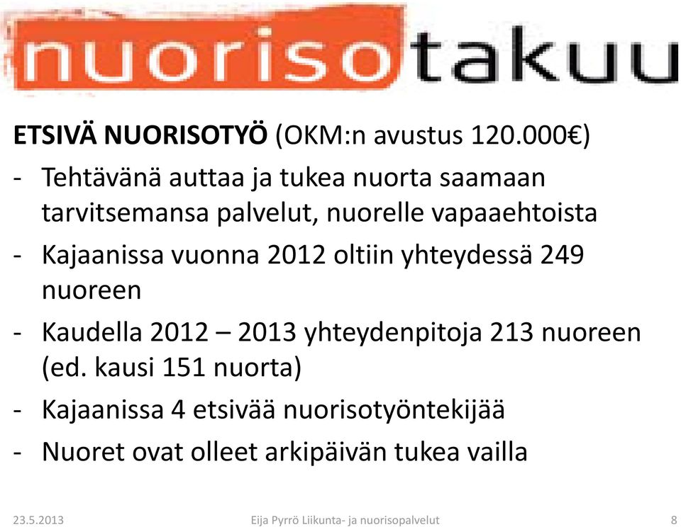 Kajaanissavuonna 2012 oltiin yhteydessä 249 nuoreen Kaudella 2012 2013 yhteydenpitoja 213