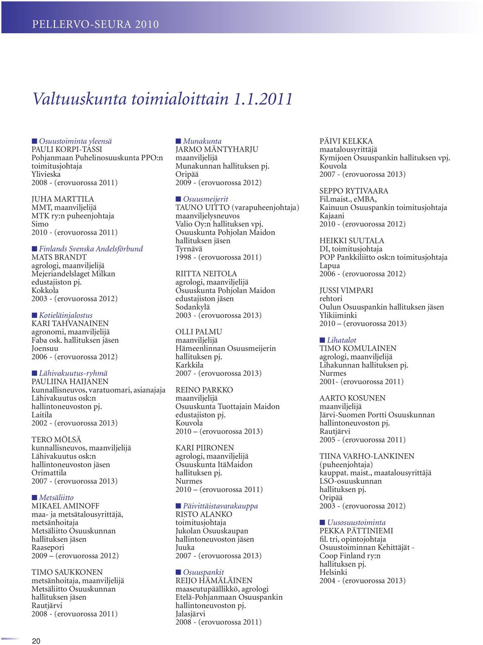 1.2011 Osuustoiminta yleensä PaulI KORPI-TASSI Pohjanmaan Puhelinosuuskunta PPO:n toimitusjohtaja Ylivieska 2008 - (erovuorossa 2011) JUHA MARTTILA MMT, maanviljelijä MTK ry:n puheenjohtaja Simo 2010