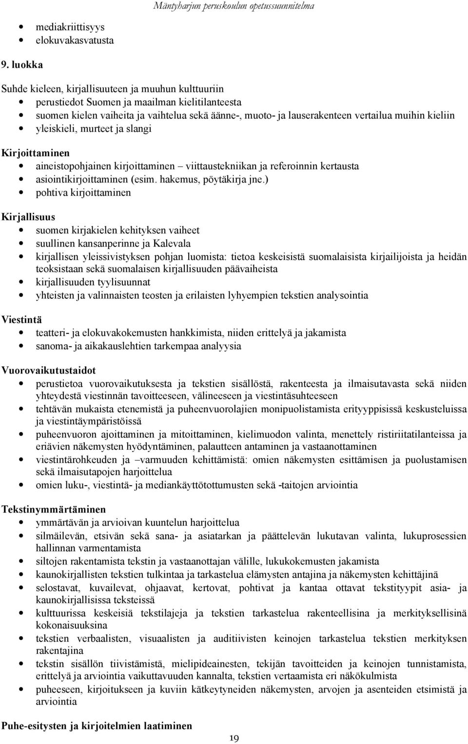 kieliin yleiskieli, murteet ja slangi Kirjoittaminen aineistopohjainen kirjoittaminen viittaustekniikan ja referoinnin kertausta asiointikirjoittaminen (esim. hakemus, pöytäkirja jne.