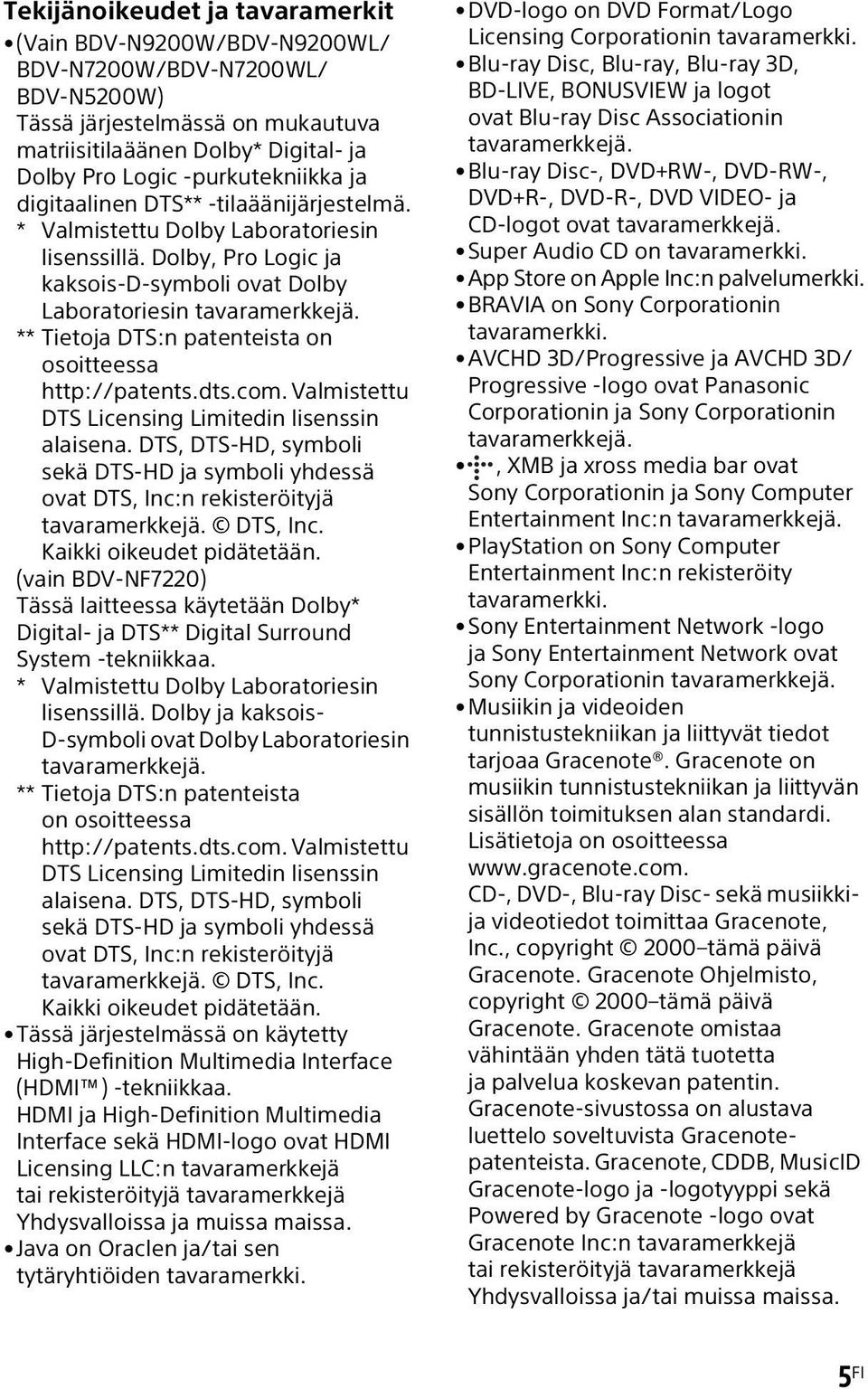 ** Tietoja DTS:n patenteista on osoitteessa http://patents.dts.com. Valmistettu DTS Licensing Limitedin lisenssin alaisena.