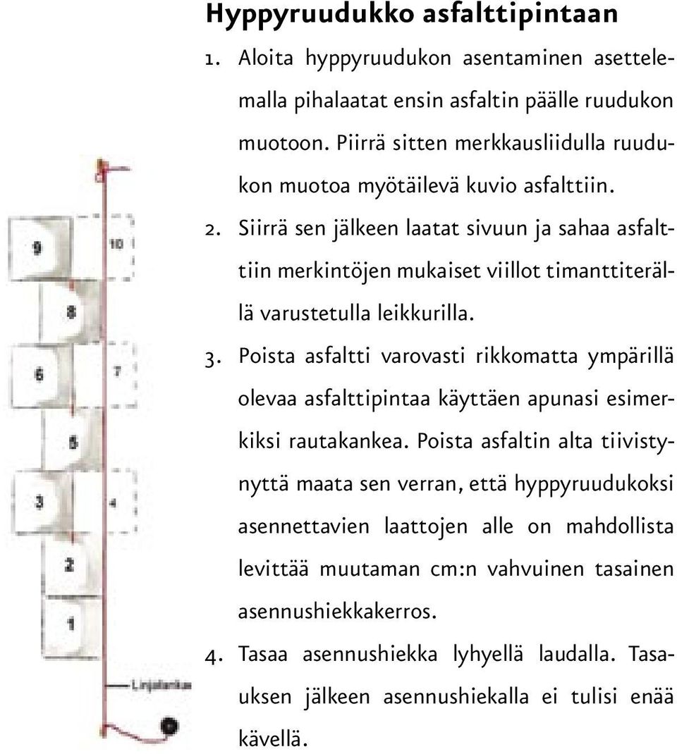 Siirrä sen jälkeen laatat sivuun ja sahaa asfalttiin merkintöjen mukaiset viillot timanttiterällä varustetulla leikkurilla. 3.