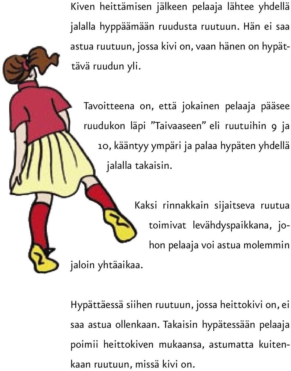 Tavoitteena on, että jokainen pelaaja pääsee ruudukon läpi Taivaaseen eli ruutuihin 9 ja 10, kääntyy ympäri ja palaa hypäten yhdellä jalalla takaisin.