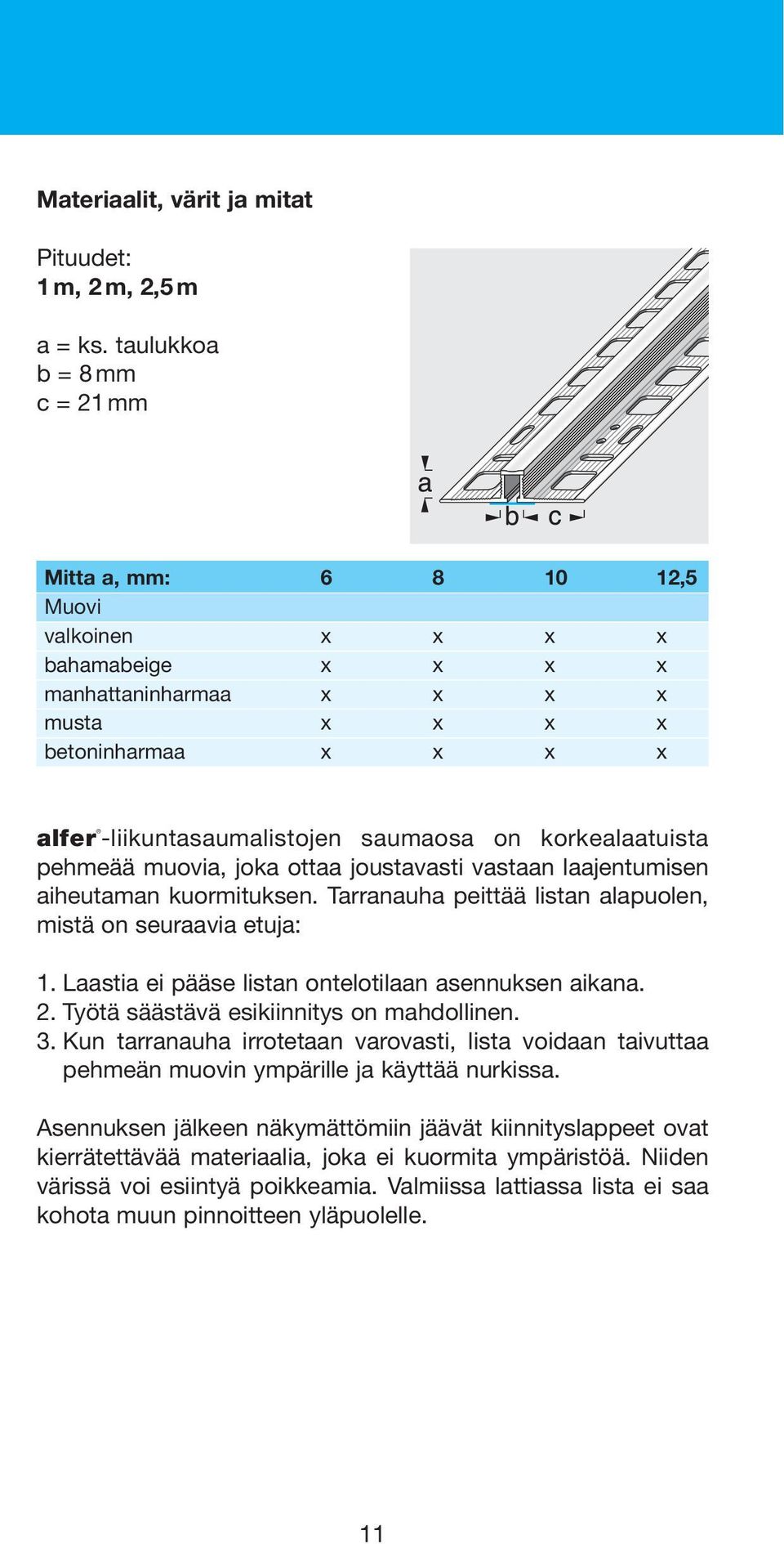 ottaa joustavasti vastaan laajentumisen aiheutaman kuormituksen. Tarranauha peittää listan alapuolen, mistä on seuraavia etuja: 1. Laastia ei pääse listan ontelotilaan asennuksen aikana. 2.