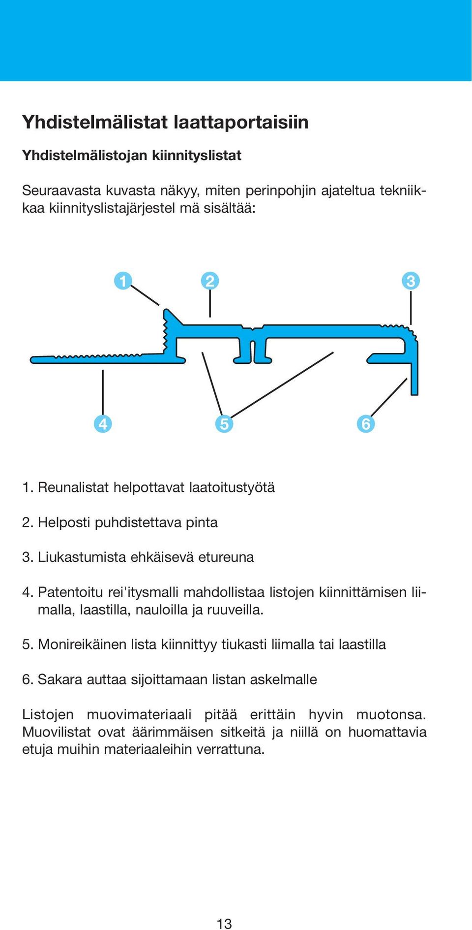 Patentoitu rei'itysmalli mahdollistaa listojen kiinnittämisen liimalla, laastilla, nauloilla ja ruuveilla. 5.