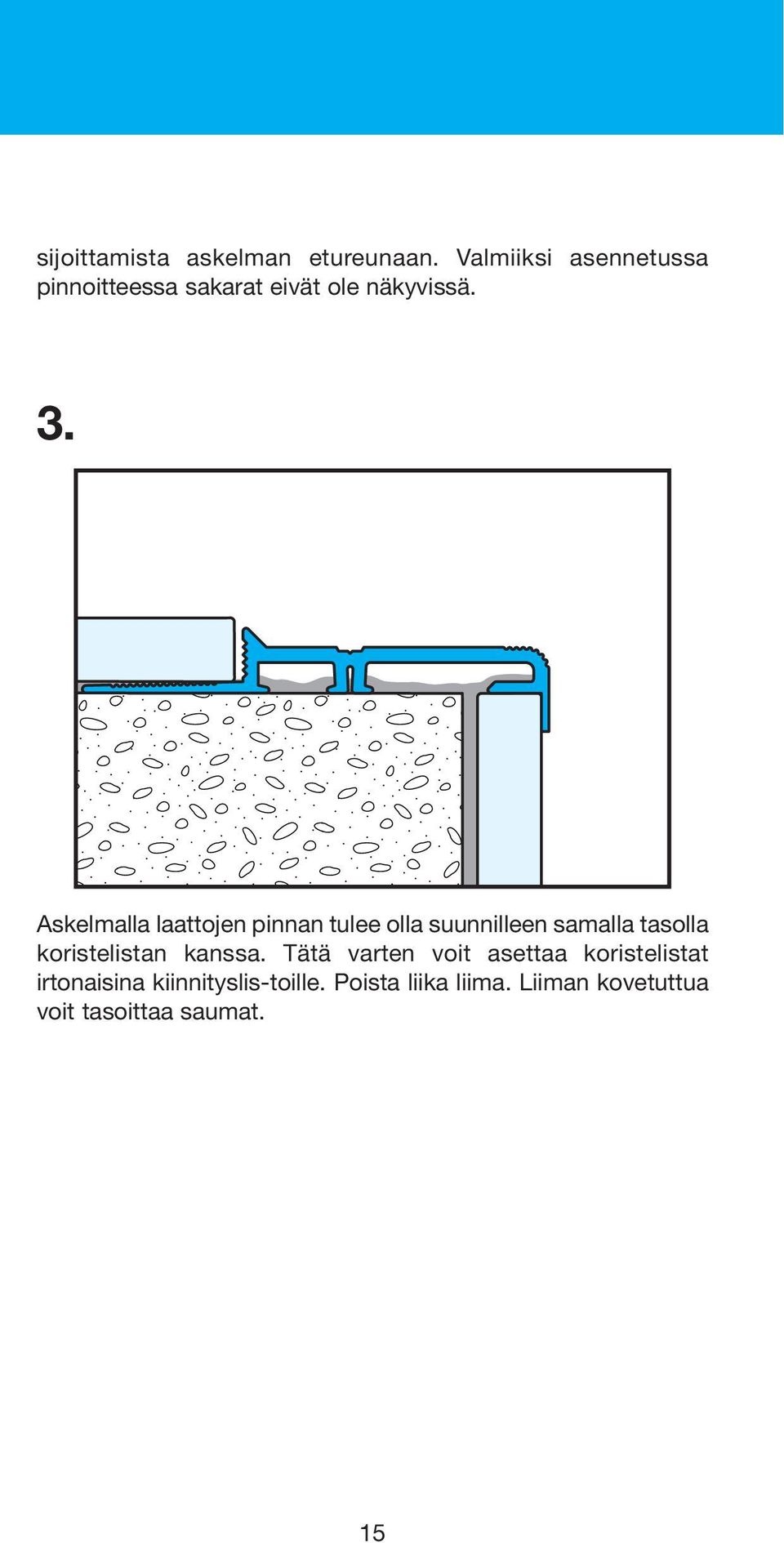 Askelmalla laattojen pinnan tulee olla suunnilleen samalla tasolla koristelistan