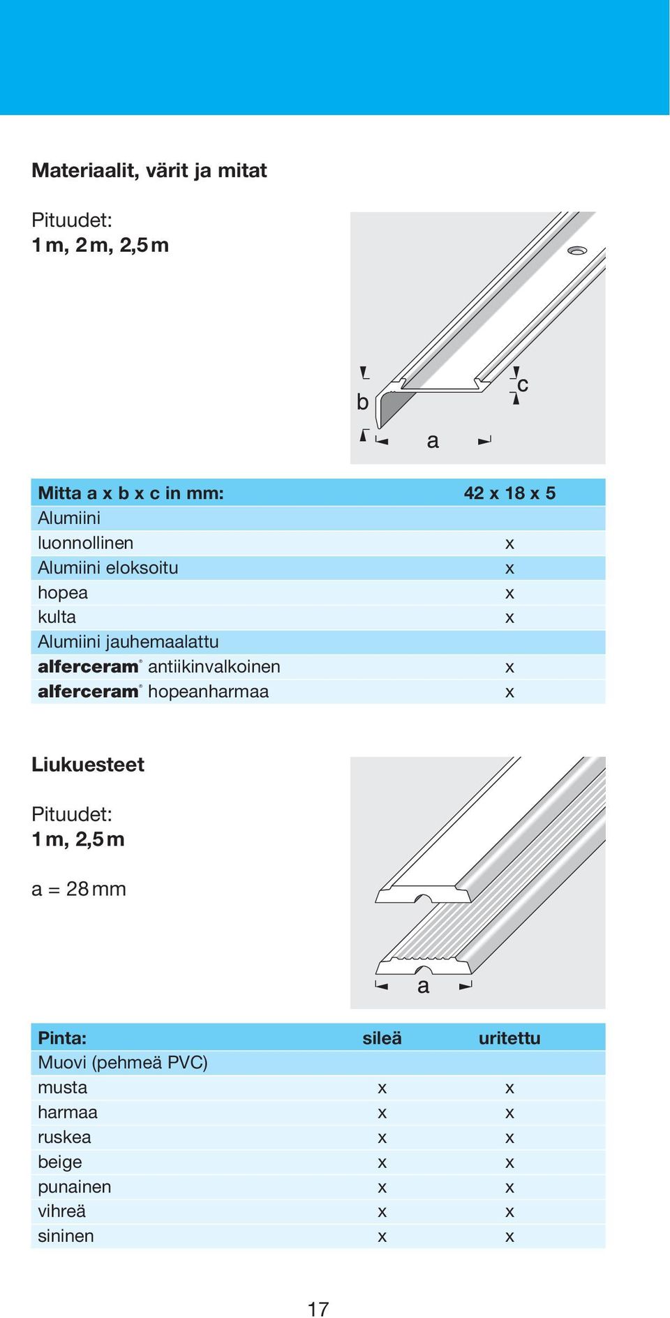 antiikinvalkoinen alferceram hopeanharmaa Liukuesteet Pituudet: 1 m, 2,5 m a = 28 mm