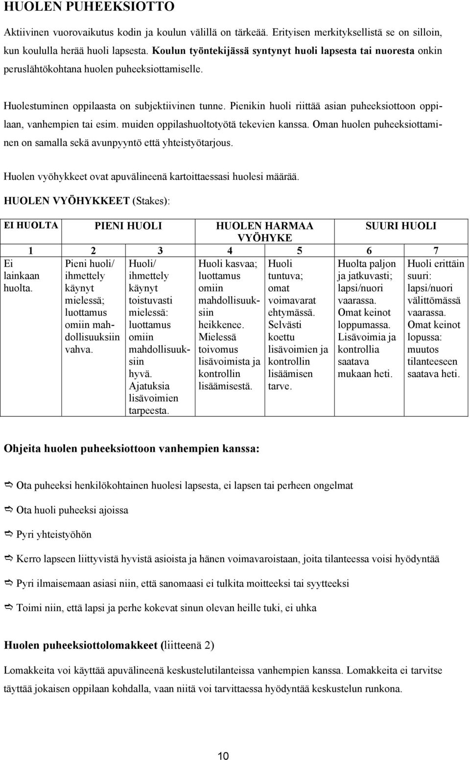 Pienikin huoli riittää asian puheeksiottoon oppilaan, vanhempien tai esim. muiden oppilashuoltotyötä tekevien kanssa. Oman huolen puheeksiottaminen on samalla sekä avunpyyntö että yhteistyötarjous.