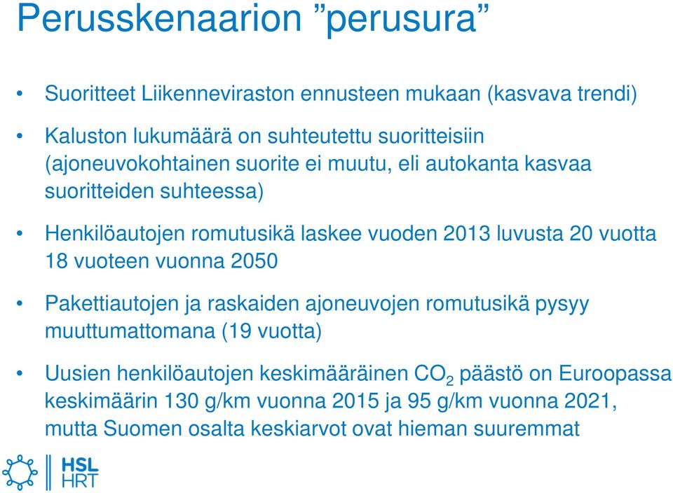 vuotta 18 vuoteen vuonna 2050 Pakettiautojen ja raskaiden ajoneuvojen romutusikä pysyy muuttumattomana (19 vuotta) Uusien henkilöautojen