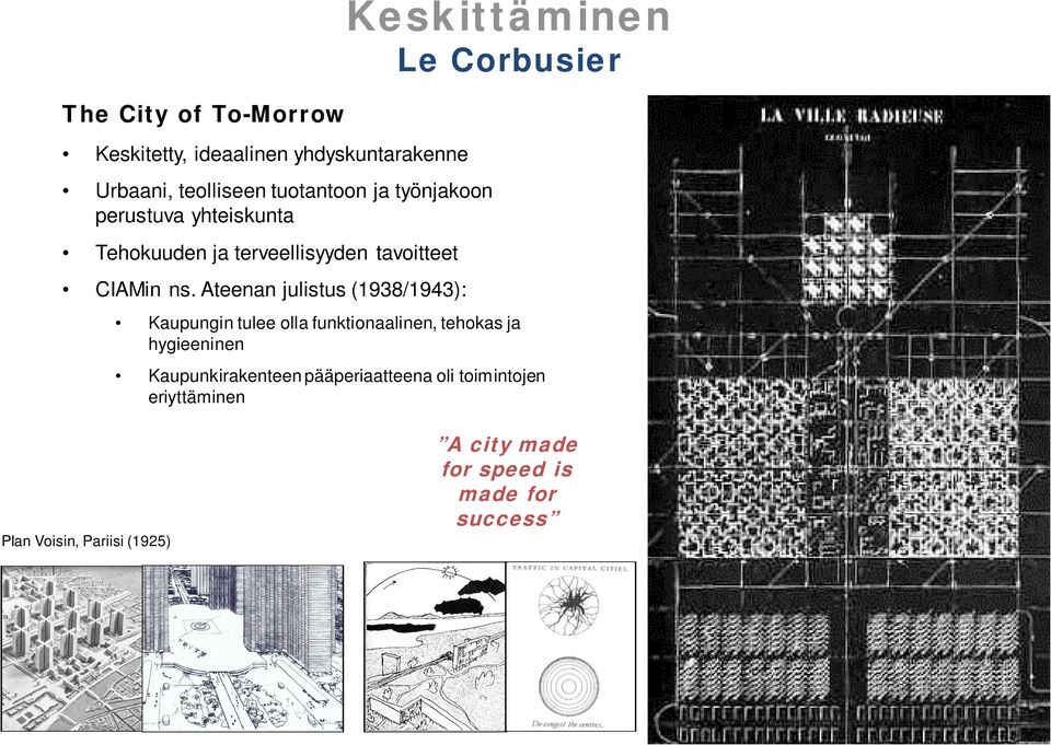 Ateenan julistus (1938/1943): Keskittäminen Le Corbusier Kaupungin tulee olla funktionaalinen, tehokas ja