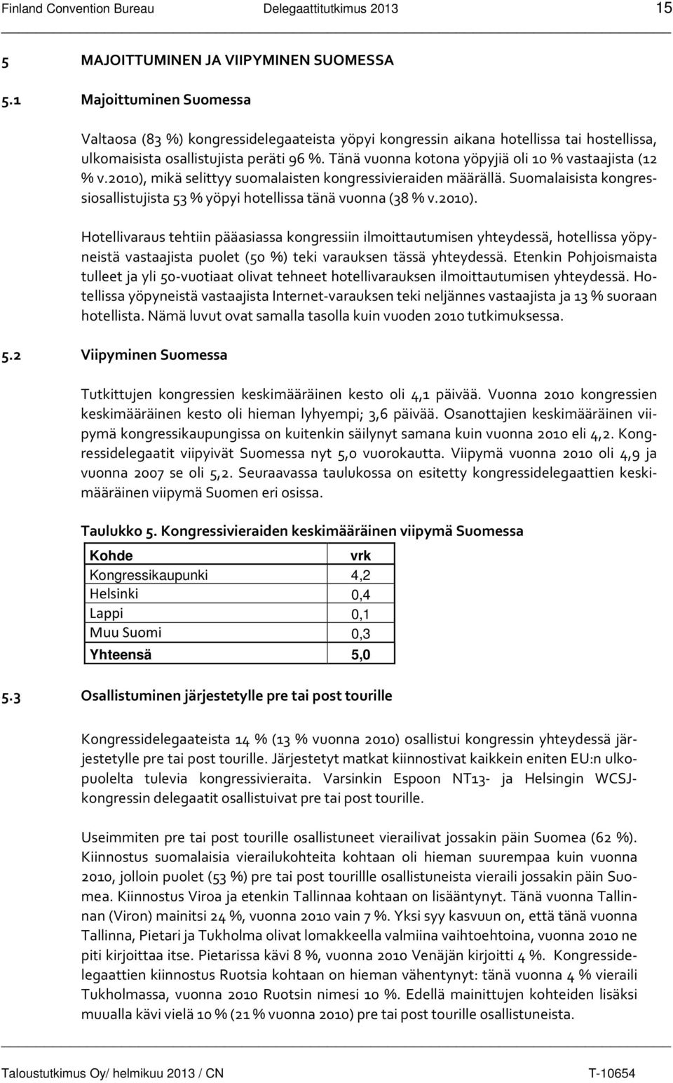 Tänä vuonna kotona yöpyjiä oli 10 % vastaajista (12 % v.2010), mikä selittyy suomalaisten kongressivieraiden määrällä. Suomalaisista kongressiosallistujista 53 % yöpyi hotellissa tänä vuonna (38 % v.