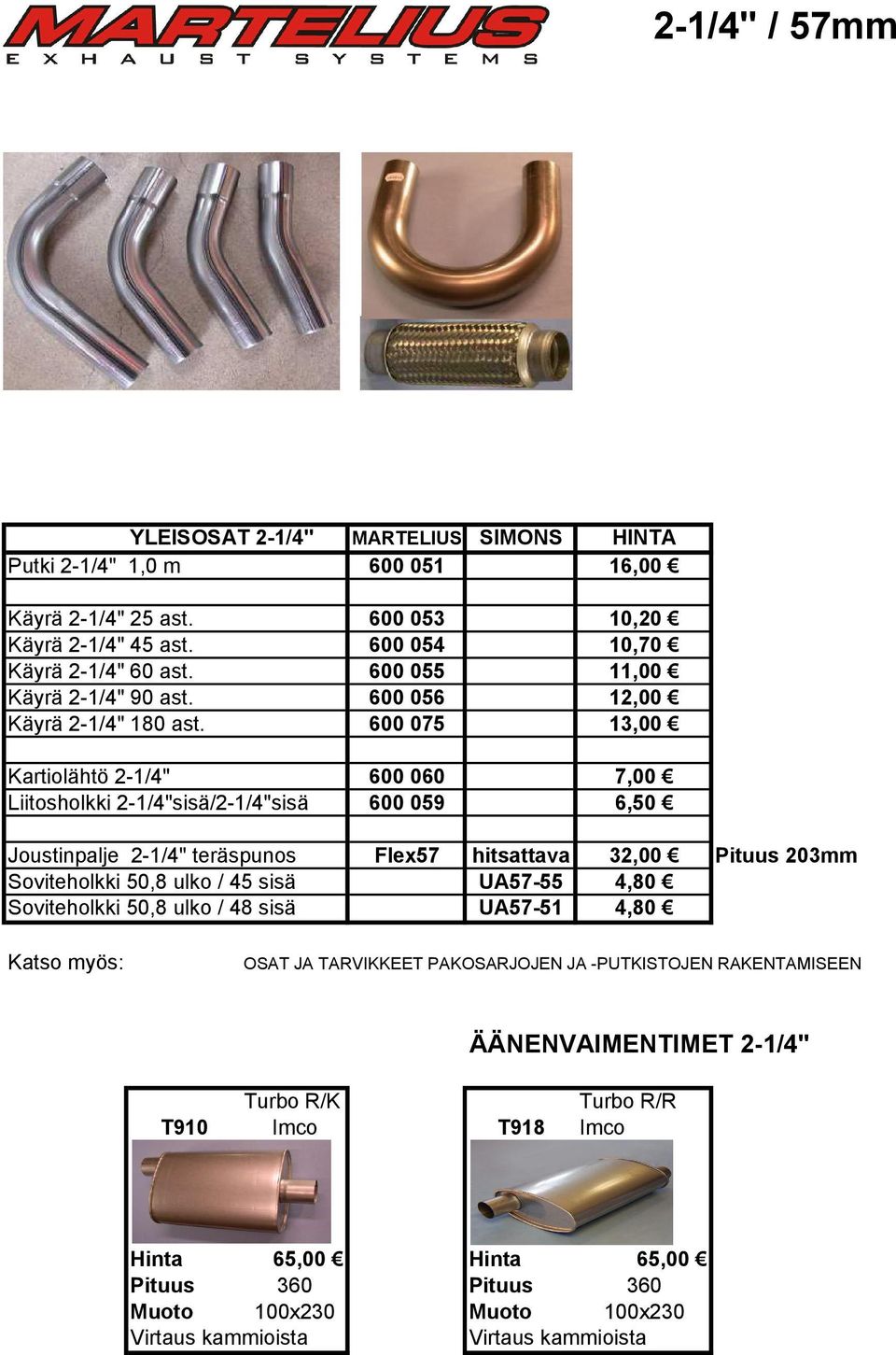 600 075 13,00 Kartiolähtö 2-1/4" 600 060 7,00 Liitosholkki 2-1/4"sisä/2-1/4"sisä 600 059 6,50 Joustinpalje 2-1/4" teräspunos Flex57 hitsattava 32,00 Pituus 203mm Soviteholkki