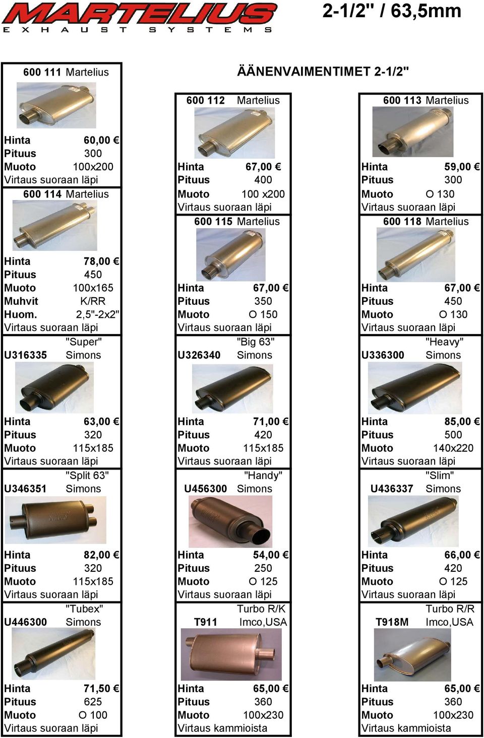 2,5"-2x2" Muoto O 150 Muoto O 130 "Super" "Big 63" "Heavy" U316335 Simons U326340 Simons U336300 Simons Hinta 63,00 Hinta 71,00 Hinta 85,00 Pituus 320 Pituus 420 Pituus 500 Muoto 115x185 Muoto