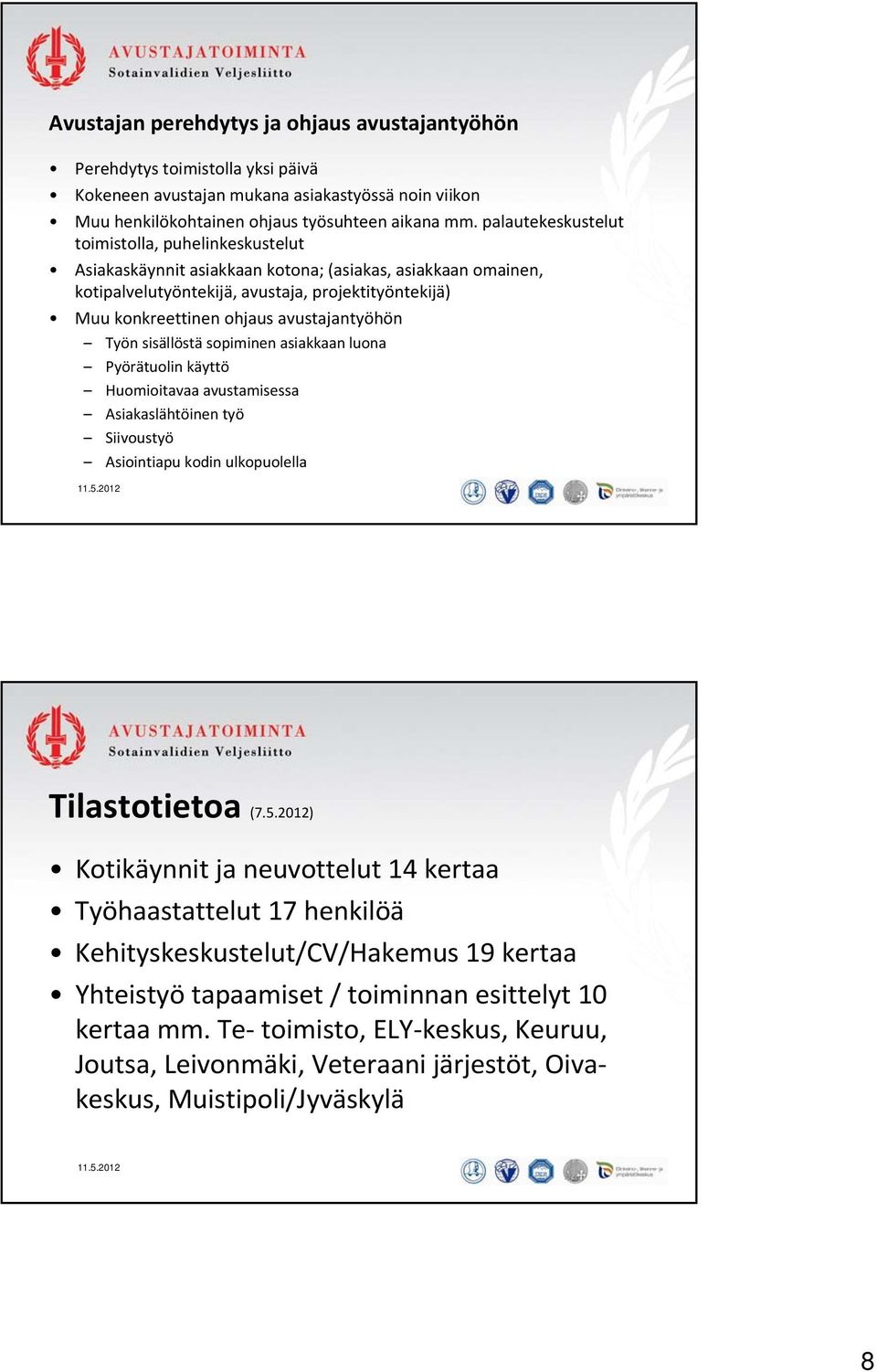 avustajantyöhön Työn sisällöstä sopiminen asiakkaan luona Pyörätuolin käyttö Huomioitavaa avustamisessa Asiakaslähtöinen työ Siivoustyö Asiointiapu kodin ulkopuolella Tilastotietoa (7.5.