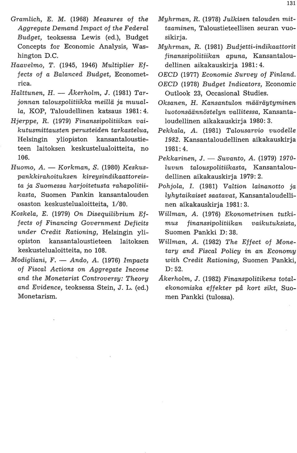 (1979) Finanssipolitiikan vaikutusmittausten perusteiden tarkastelua, Helsingin yliopiston kansantaloustieteen laitoksen keskustelualoitteita, no 106. Huomo, A. - Korkman, S.