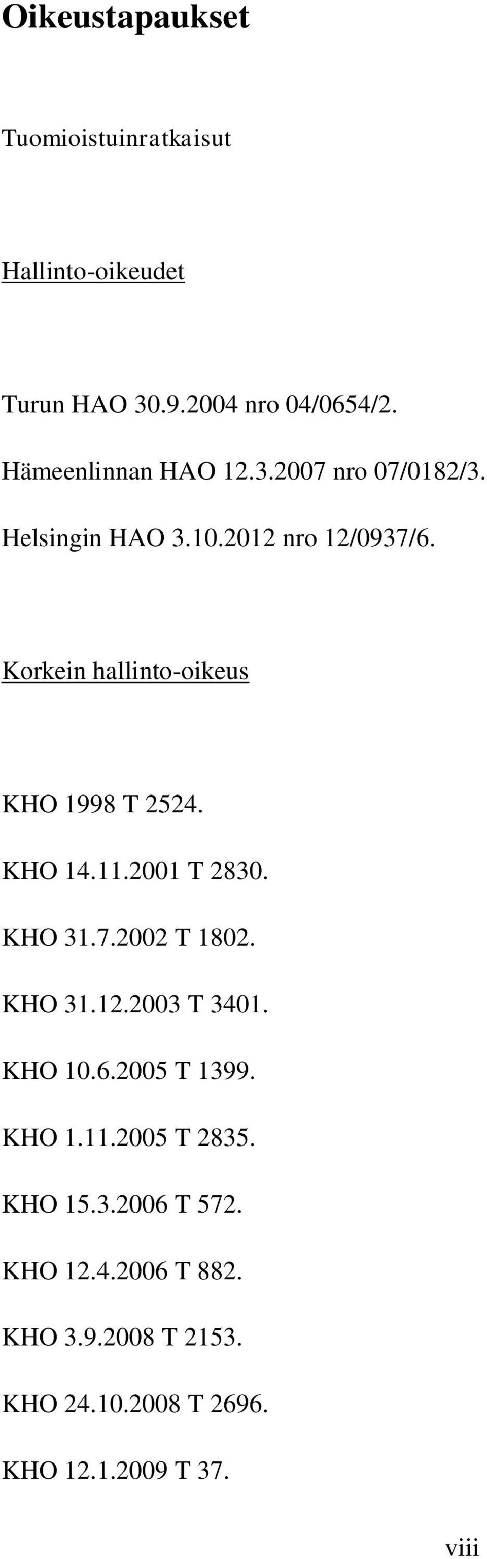 Korkein hallinto-oikeus KHO 1998 T 2524. KHO 14.11.2001 T 2830. KHO 31.7.2002 T 1802. KHO 31.12.2003 T 3401.
