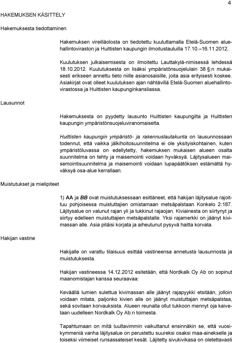 Asiakirjat ovat olleet kuulutuksen ajan nähtävillä Etelä-Suomen aluehallintovirastossa ja Huittisten kaupunginkansliassa.