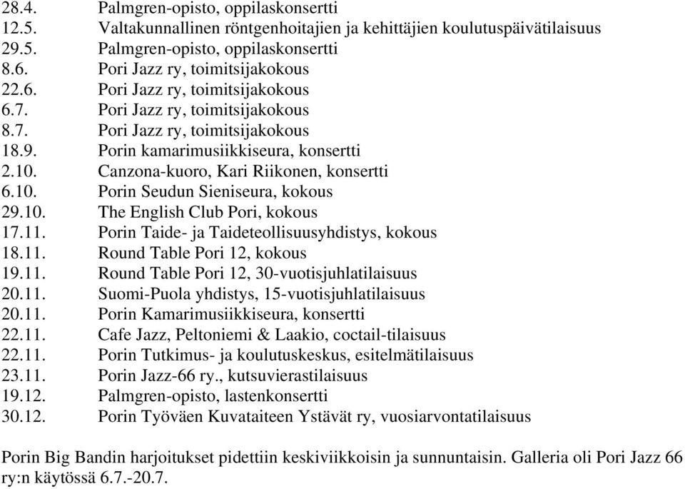 10. The English Club Pori, kokous 17.11. Porin Taide- ja Taideteollisuusyhdistys, kokous 18.11. Round Table Pori 12, kokous 19.11. Round Table Pori 12, 30-vuotisjuhlatilaisuus 20.11. Suomi-Puola yhdistys, 15-vuotisjuhlatilaisuus 20.