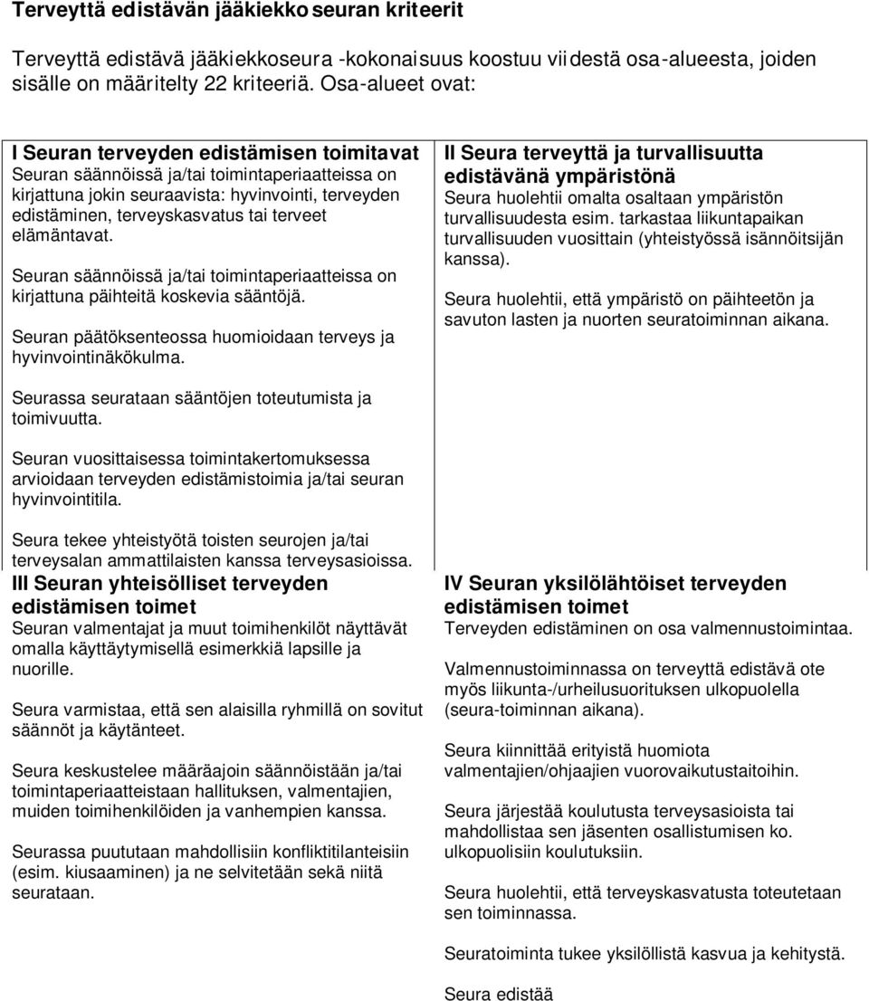 terveet elämäntavat. Seuran säännöissä ja/tai toimintaperiaatteissa on kirjattuna päihteitä koskevia sääntöjä. Seuran päätöksenteossa huomioidaan terveys ja hyvinvointinäkökulma.