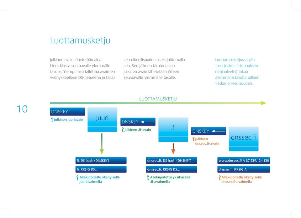.fi-tunnuksen nimipalvelin) takaa alemmalta tasolta tulleen tiedon oikeellisuuden. 10 DNSKEY Julkinen juuriavain Juuri DNSKEY Julkinen.fi-avain LUOTTAMUSKETJU.fi DNSKEY Julkinen dnssec.