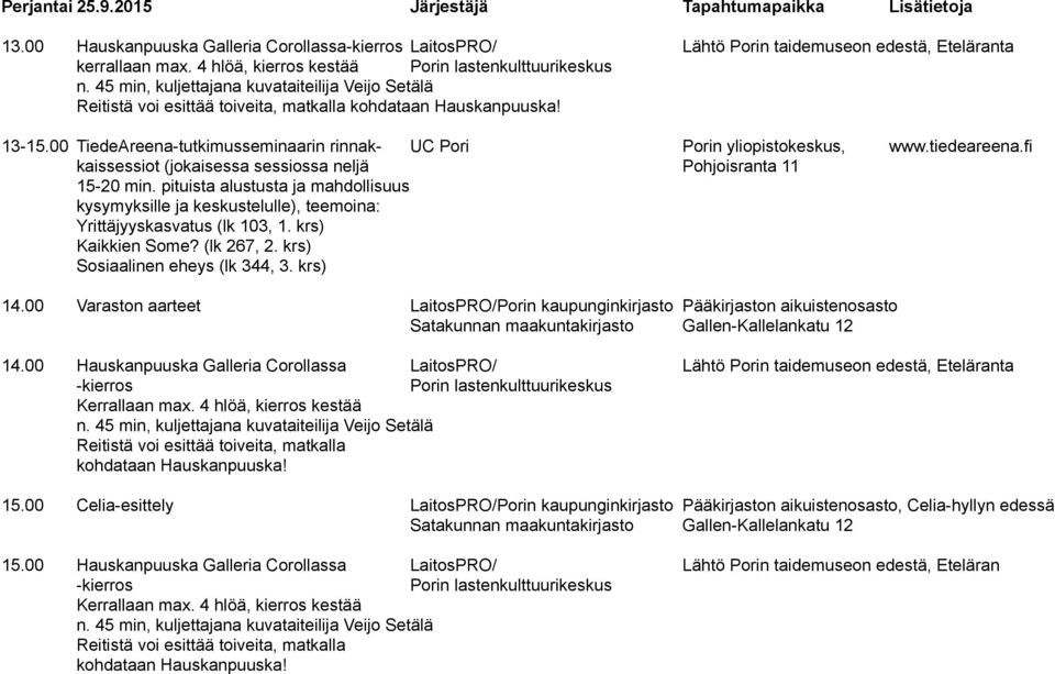 00 TiedeAreena-tutkimusseminaarin rinnak- UC Pori Porin yliopistokeskus, www.tiedeareena.fi kaissessiot (jokaisessa sessiossa neljä Pohjoisranta 11 15-20 min.