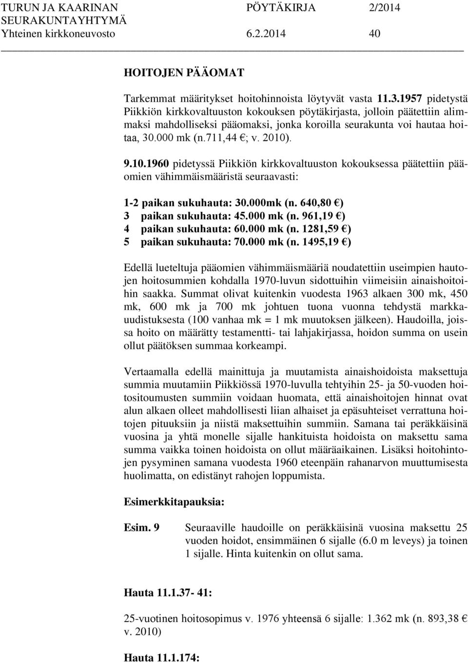 10.1960 pidetyssä Piikkiön kirkkovaltuuston kokouksessa päätettiin pääomien vähimmäismääristä seuraavasti: 1-2 paikan sukuhauta: 30.000mk (n. 640,80 ) 3 paikan sukuhauta: 45.000 mk (n.