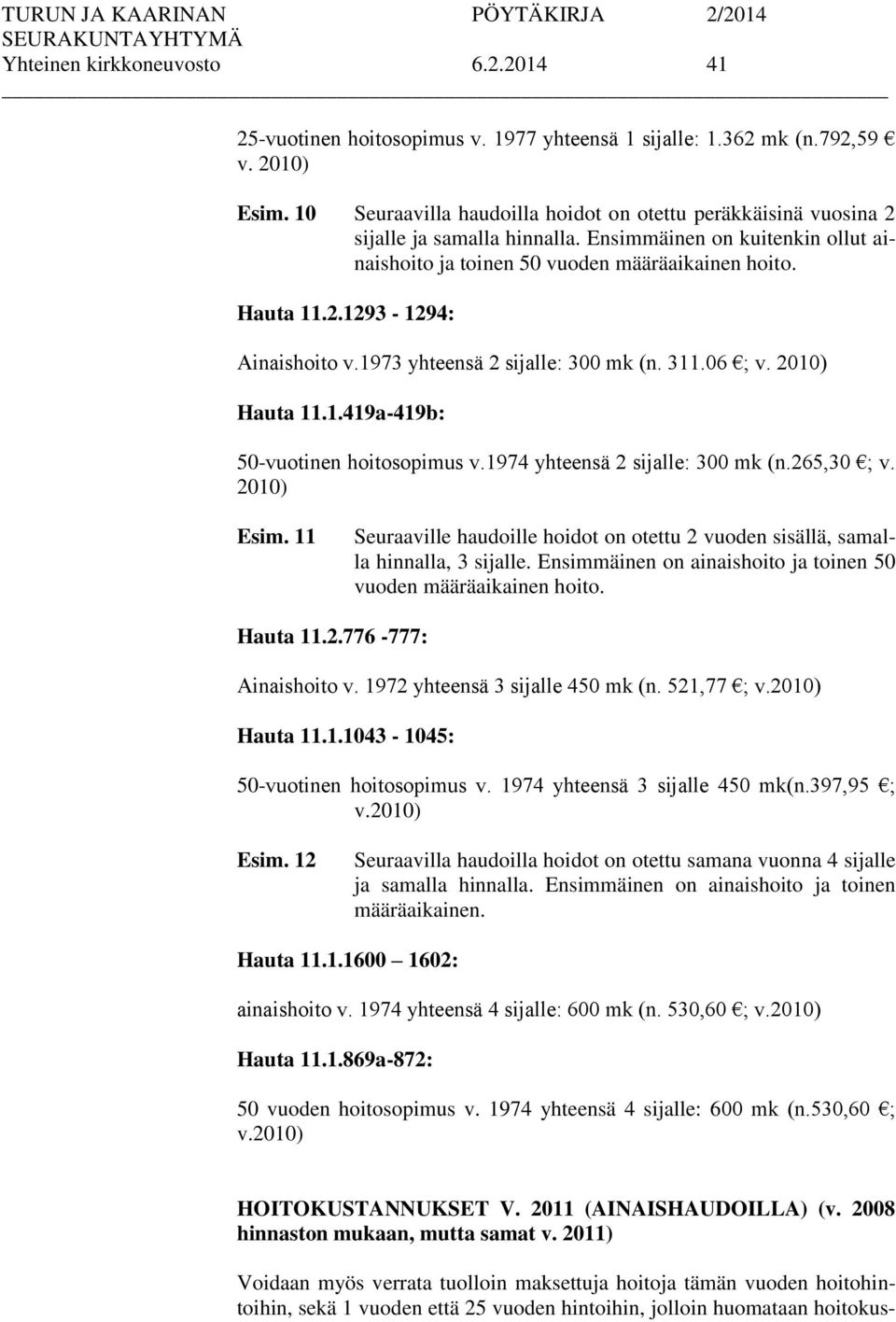 1973 yhteensä 2 sijalle: 300 mk (n. 311.06 ; v. 2010) Hauta 11.1.419a-419b: 50-vuotinen hoitosopimus v.1974 yhteensä 2 sijalle: 300 mk (n.265,30 ; v. 2010) Esim.