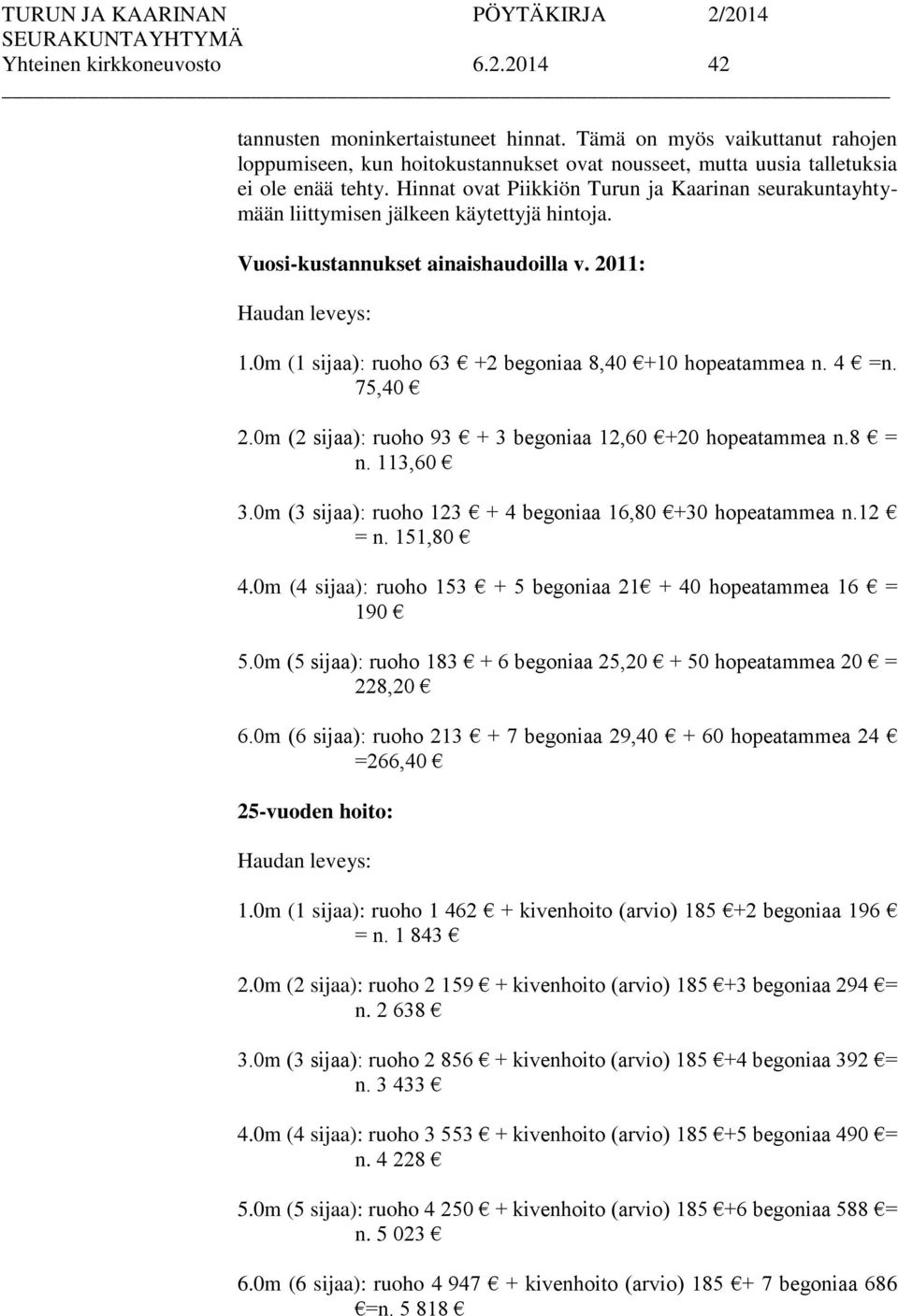 0m (1 sijaa): ruoho 63 +2 begoniaa 8,40 +10 hopeatammea n. 4 =n. 75,40 2.0m (2 sijaa): ruoho 93 + 3 begoniaa 12,60 +20 hopeatammea n.8 = n. 113,60 3.