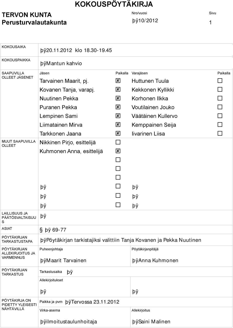 Kekkonen Kyllikki Nuutinen Pekka Korhonen Ilkka Puranen Pekka Voutilainen Jouko Lempinen Sami Väätäinen Kullervo Liimatainen Mirva Kemppainen Seija Tarkkonen Jaana Iivarinen Liisa