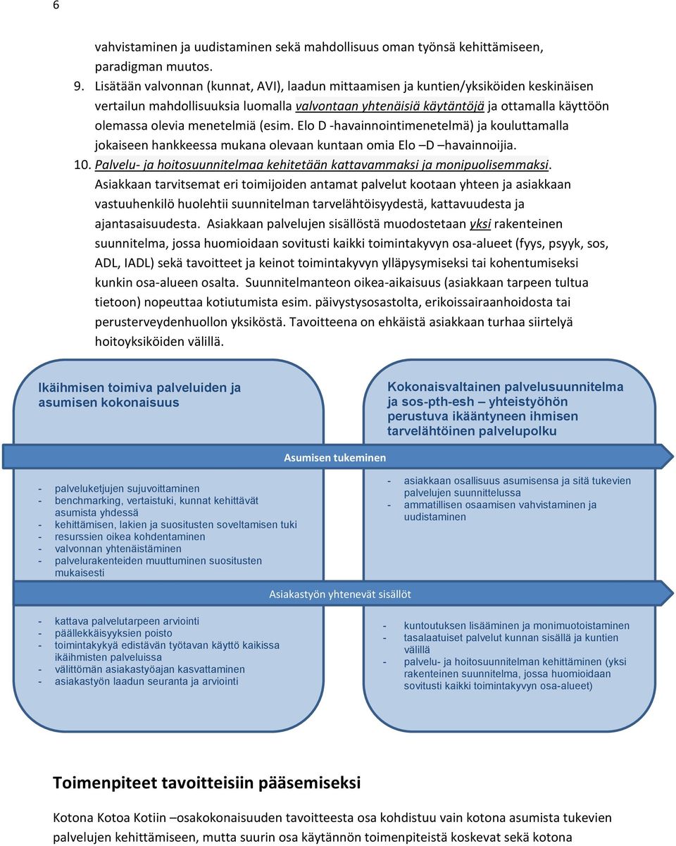 menetelmiä (esim. Elo D -havainnointimenetelmä) ja kouluttamalla jokaiseen hankkeessa mukana olevaan kuntaan omia Elo D havainnoijia. 10.