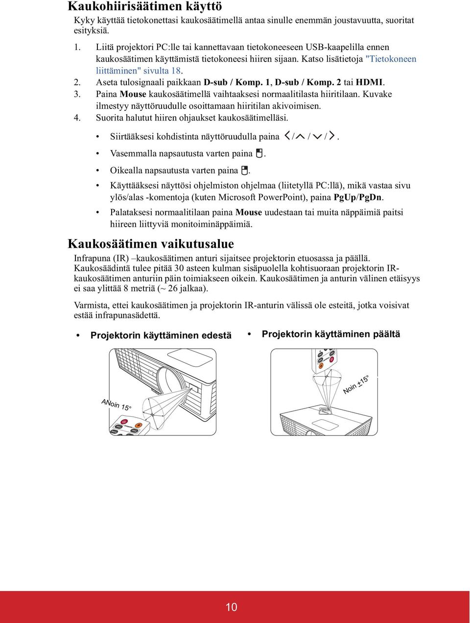 Aseta tulosignaali paikkaan D-sub / Komp. 1, D-sub / Komp. 2 tai HDMI. 3. Paina Mouse kaukosäätimellä vaihtaaksesi normaalitilasta hiiritilaan.