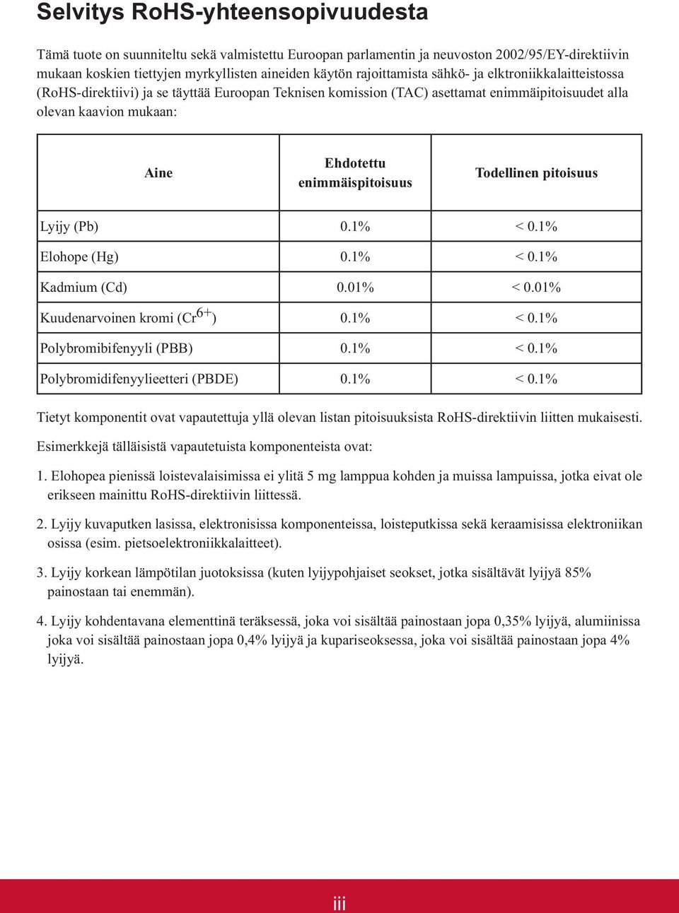 Polybromibifenyyli (PBB) Polybromidifenyylieetteri (PBDE) Esimerkkejä tälläisistä vapautetuista komponenteista ovat: 1.