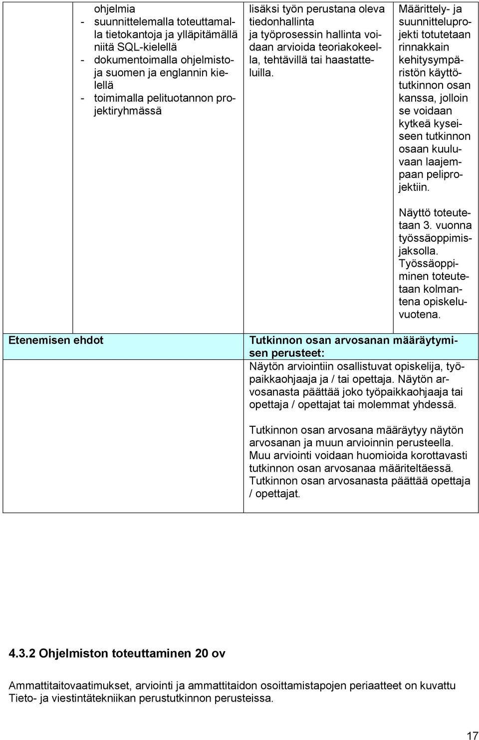 Määrittely- ja suunnitteluprojekti totutetaan rinnakkain kehitysympäristön käyttötutkinnon osan kanssa, jolloin se voidaan kytkeä kyseiseen tutkinnon osaan kuuluvaan laajempaan peliprojektiin.