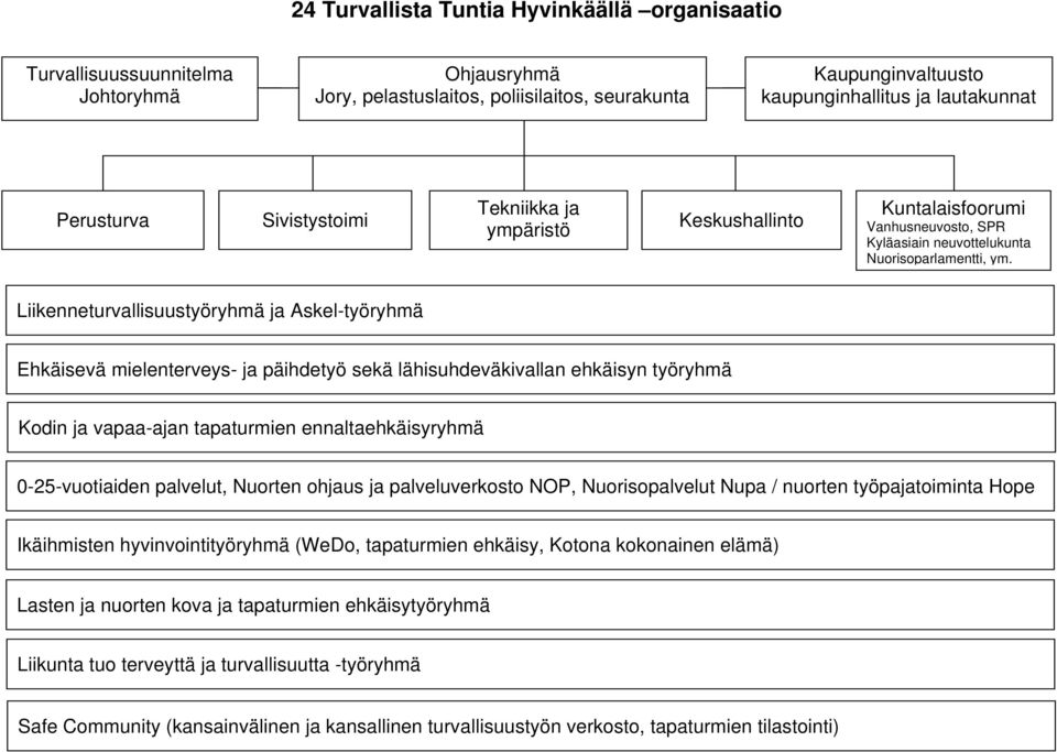 Liikenneturvallisuustyöryhmä ja Askel-työryhmä Ehkäisevä mielenterveys- ja päihdetyö sekä lähisuhdeväkivallan ehkäisyn työryhmä Kodin ja vapaa-ajan tapaturmien ennaltaehkäisyryhmä 0-25-vuotiaiden