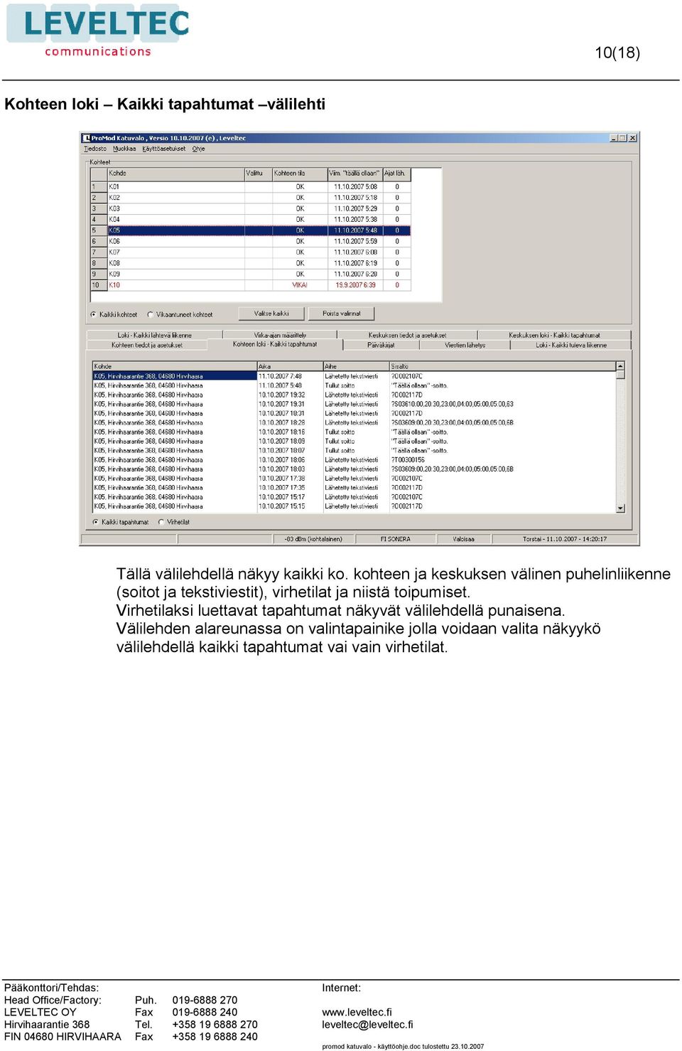 toipumiset. Virhetilaksi luettavat tapahtumat näkyvät välilehdellä punaisena.