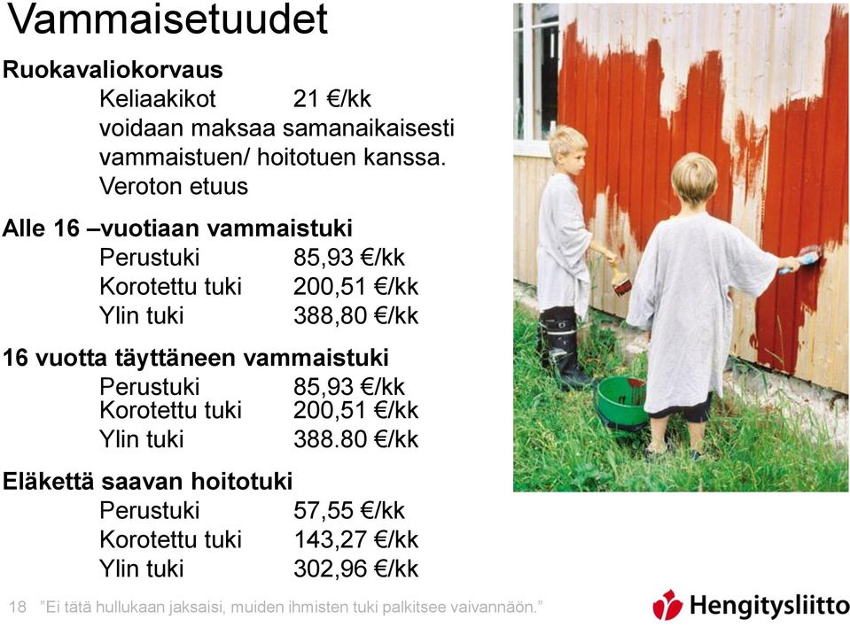 täyttäneen vammaistuki Perustuki Korotettu tuki 85,93 /kk 200,51 /kk Ylin tuki 388.