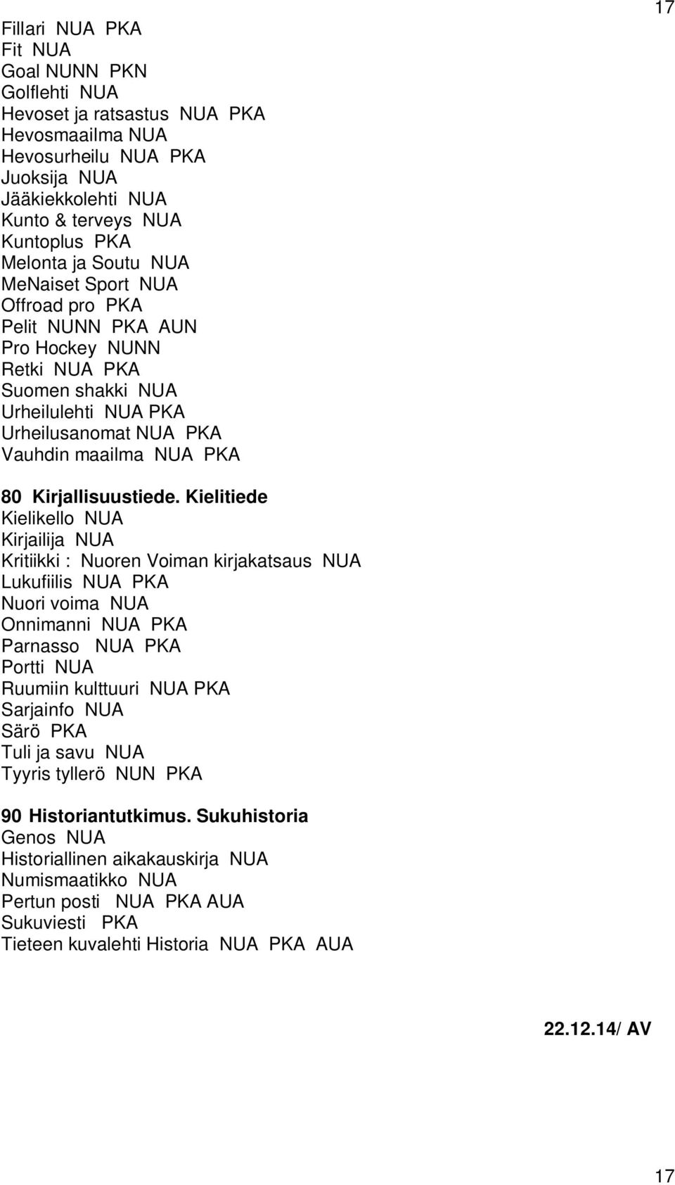 Kielitiede Kielikello Kirjailija Kritiikki : Nuoren Voiman kirjakatsaus Lukufiilis Nuori voima Onnimanni Parnasso Portti Ruumiin kulttuuri Sarjainfo Särö Tuli