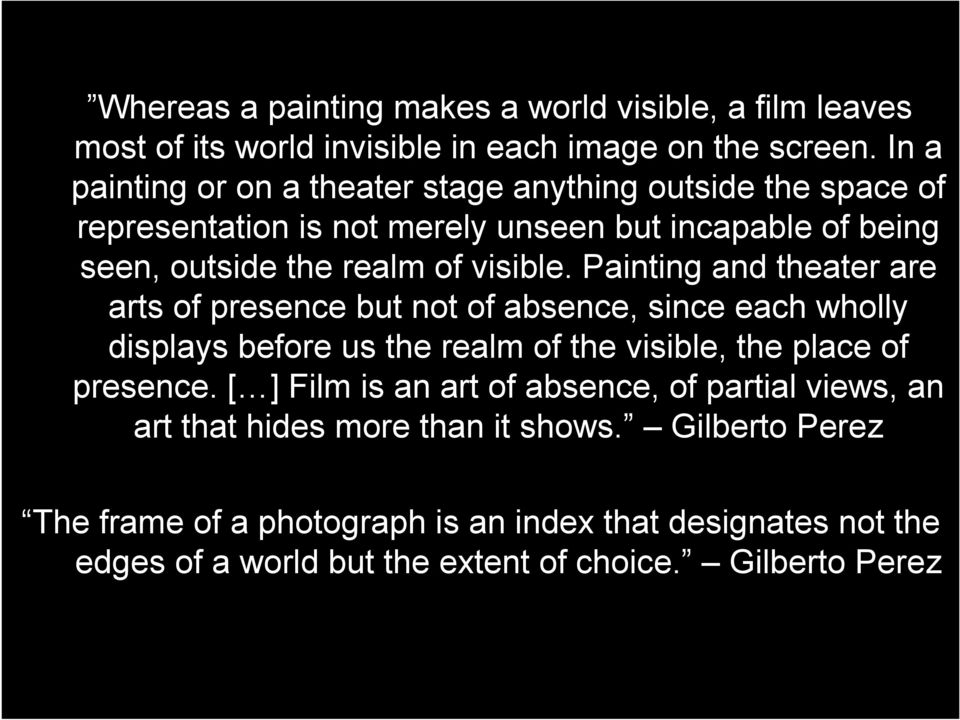 Painting and theater are arts of presence but not of absence, since each wholly displays before us the realm of the visible, the place of presence.