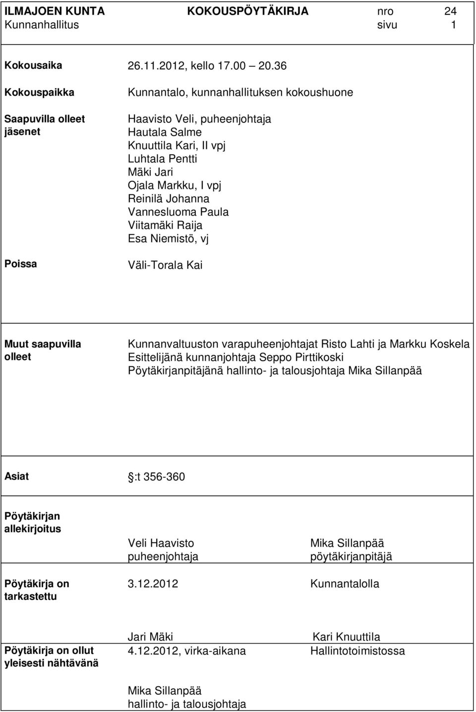 vpj Reinilä Johanna Vannesluoma Paula Viitamäki Raija Esa Niemistö, vj Väli-Torala Kai Muut saapuvilla olleet Kunnanvaltuuston varapuheenjohtajat Risto Lahti ja Markku Koskela Esittelijänä