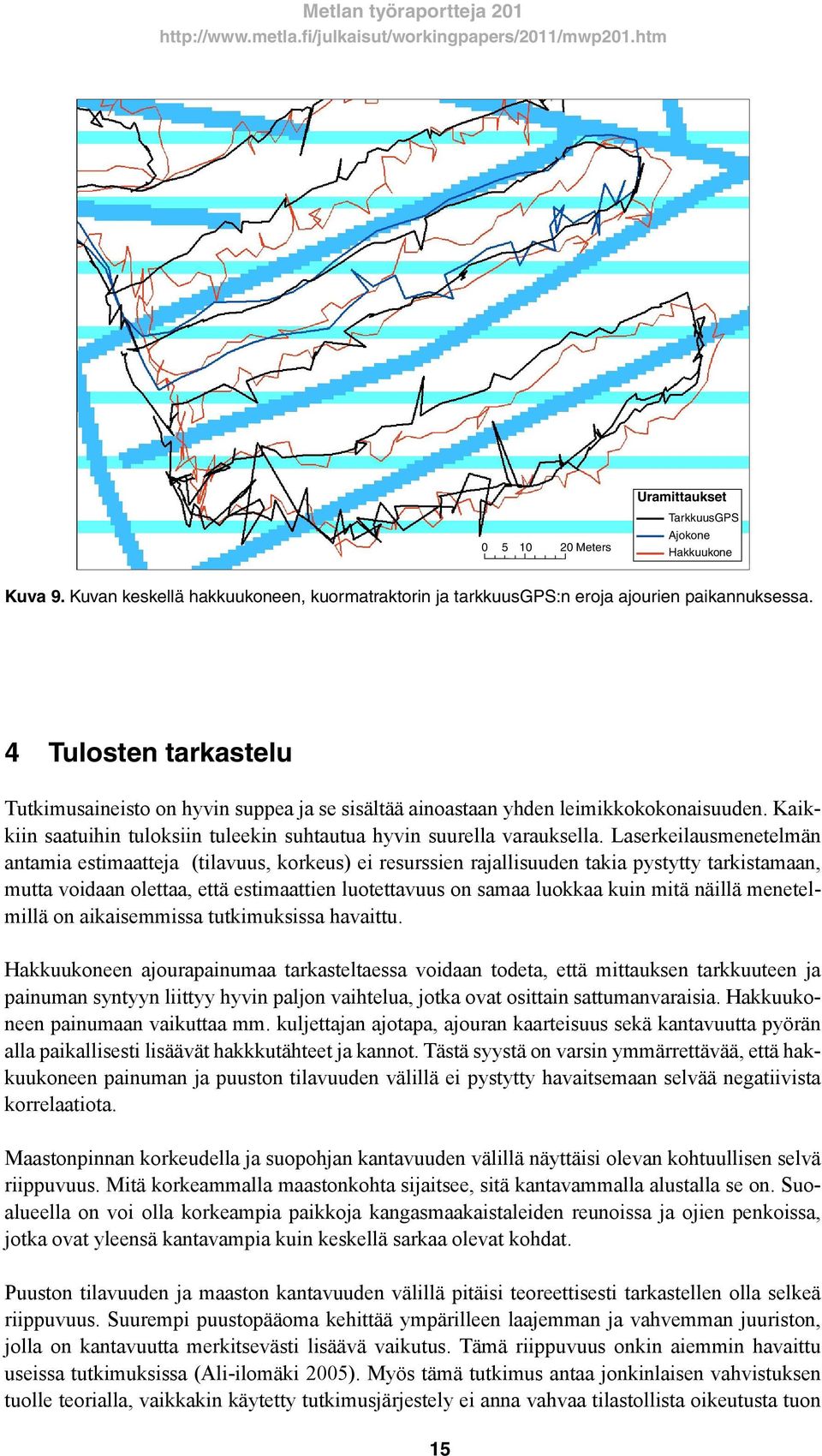 Laserkeilausmenetelmän antamia estimaatteja (tilavuus, korkeus) ei resurssien rajallisuuden takia pystytty tarkistamaan, mutta voidaan olettaa, että estimaattien luotettavuus on samaa luokkaa kuin