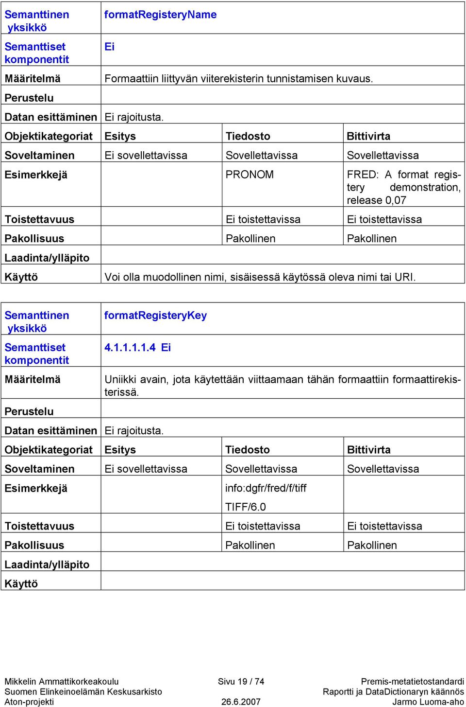 olla muodollinen nimi, sisäisessä käytössä oleva nimi tai URI. formatregisterykey 4.1.1.1.1.4 Datan esittäminen rajoitusta.