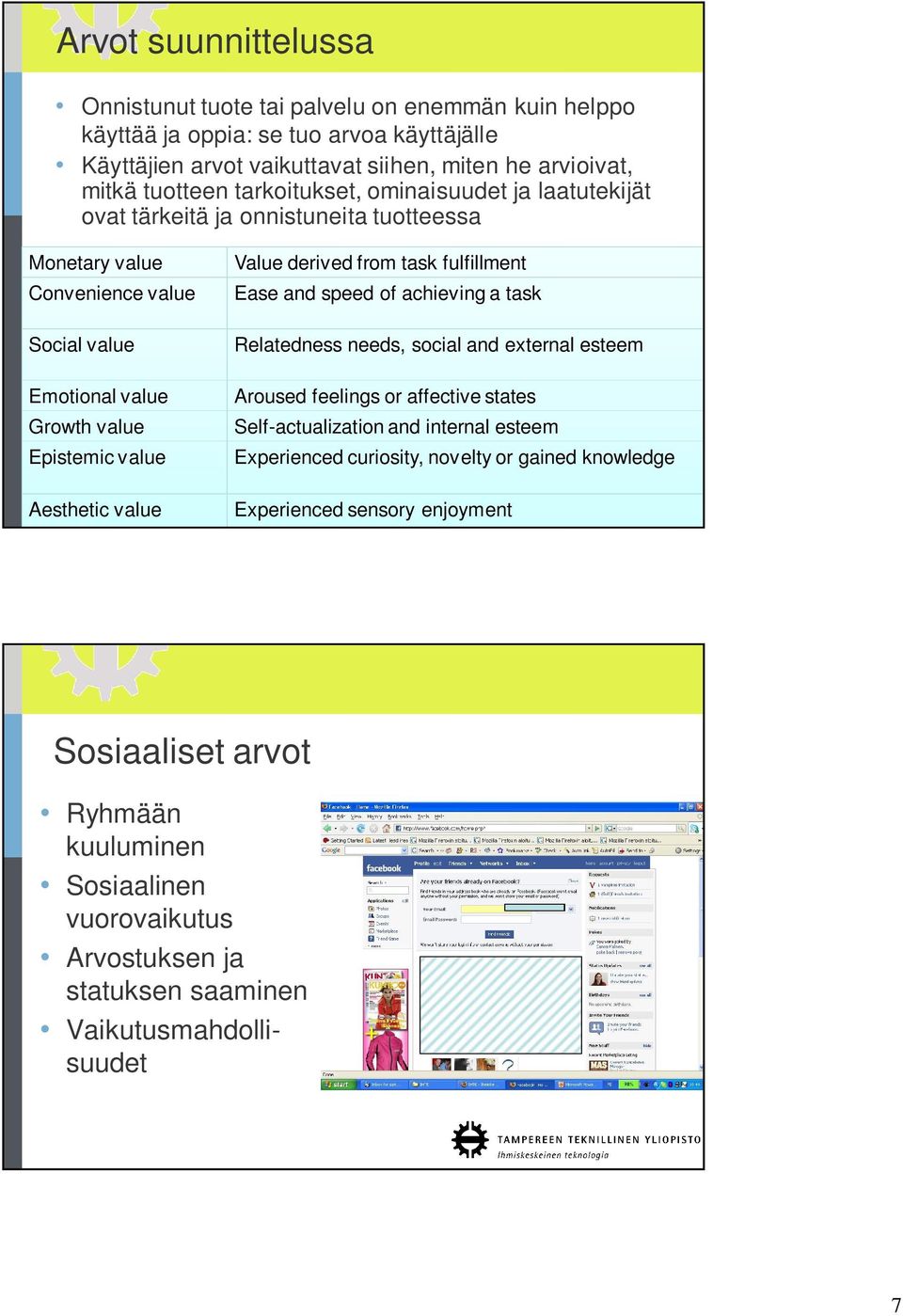 Value derived from task fulfillment Ease and speed of achieving a task Relatedness needs, social and external esteem Aroused feelings or affective states Self-actualization and internal esteem