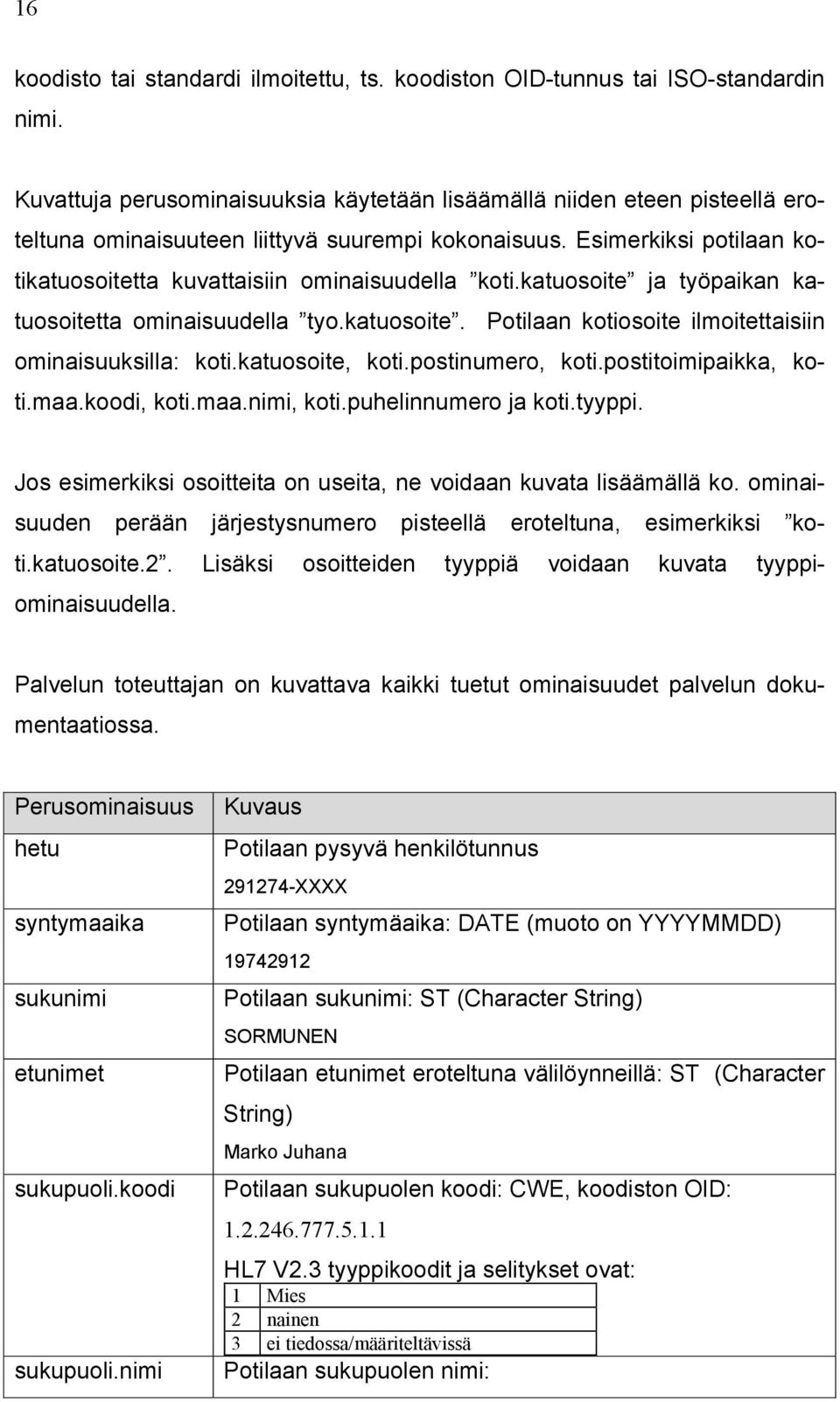 Esimerkiksi potilaan kotikatuosoitetta kuvattaisiin ominaisuudella koti.katuosoite ja työpaikan katuosoitetta ominaisuudella tyo.katuosoite. Potilaan kotiosoite ilmoitettaisiin ominaisuuksilla: koti.