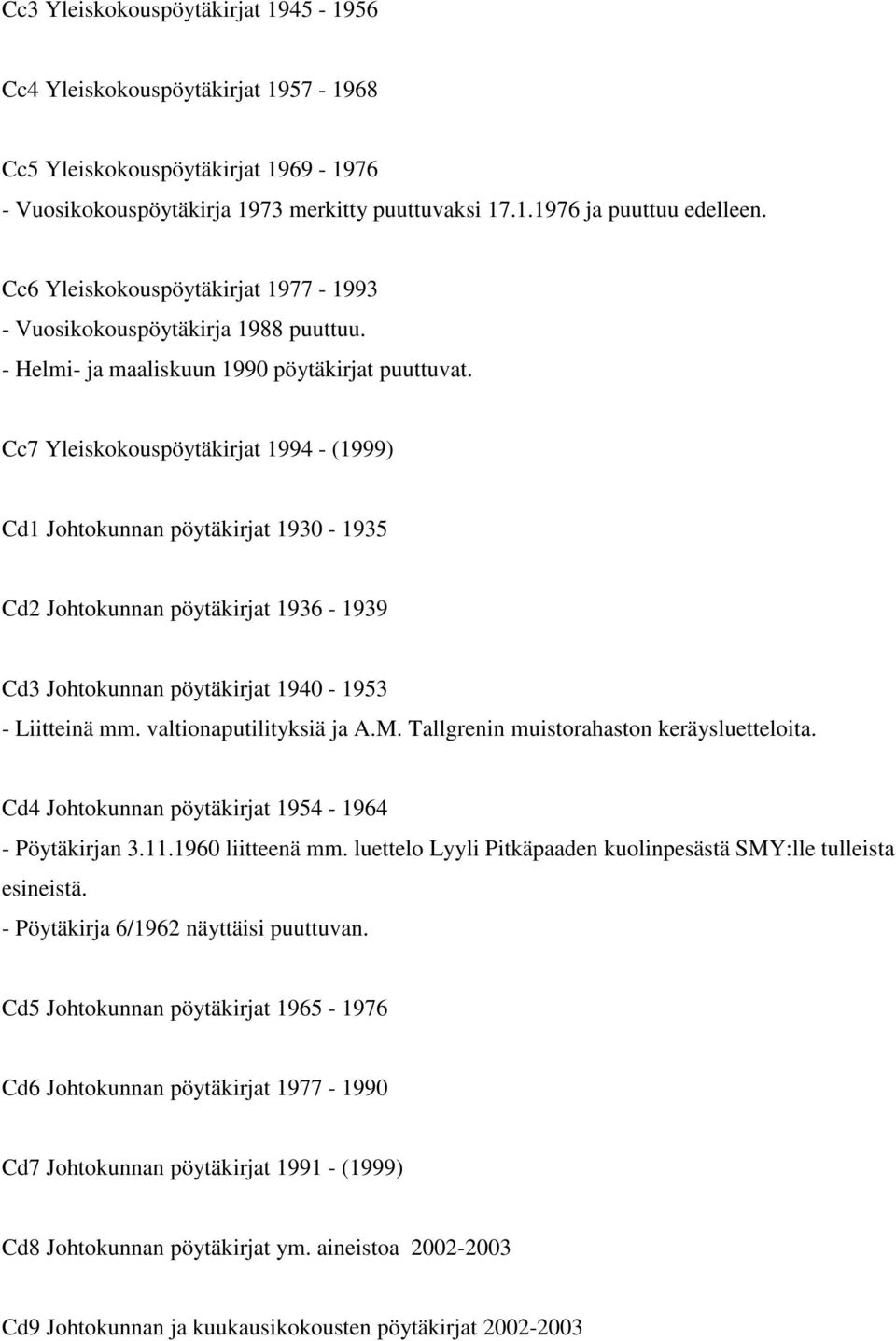 Cc7 Yleiskokouspöytäkirjat 1994 - (1999) Cd1 Johtokunnan pöytäkirjat 1930-1935 Cd2 Johtokunnan pöytäkirjat 1936-1939 Cd3 Johtokunnan pöytäkirjat 1940-1953 - Liitteinä mm. valtionaputilityksiä ja A.M.