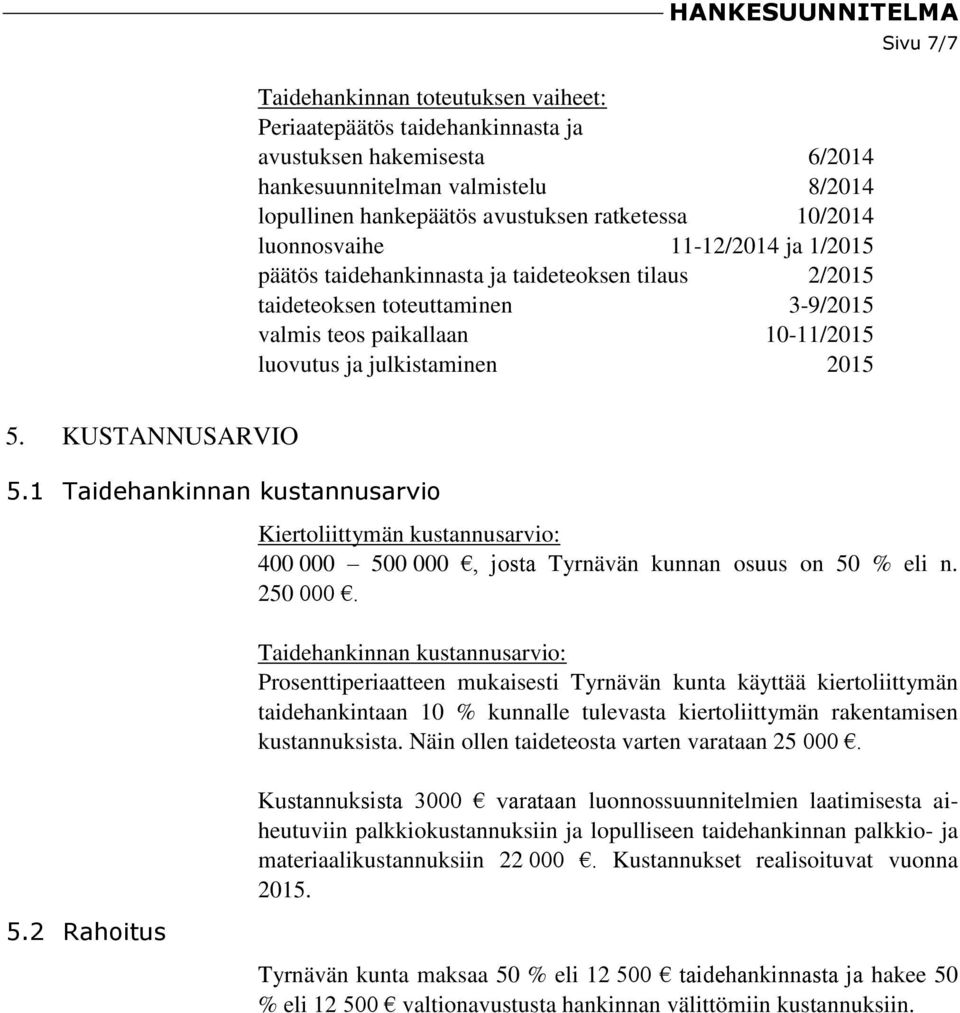 KUSTANNUSARVIO 5.1 Taidehankinnan kustannusarvio 5.2 Rahoitus Kiertoliittymän kustannusarvio: 400 000 500 000, josta Tyrnävän kunnan osuus on 50 % eli n. 250 000.