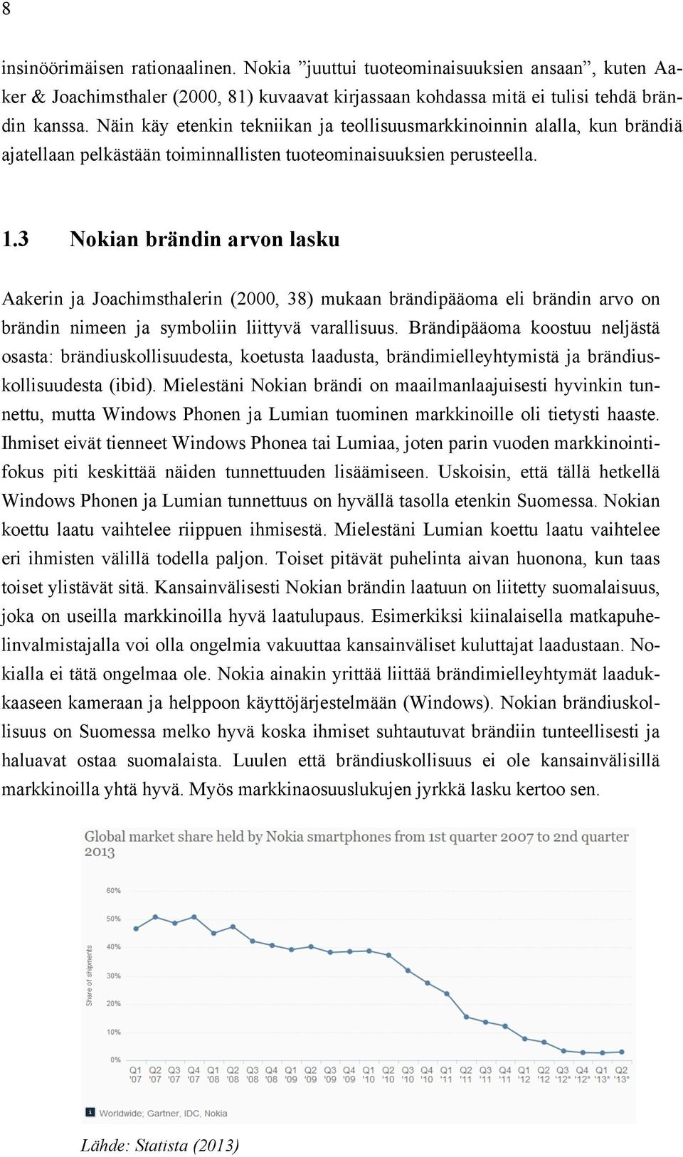 3 Nokian brändin arvon lasku Aakerin ja Joachimsthalerin (2000, 38) mukaan brändipääoma eli brändin arvo on brändin nimeen ja symboliin liittyvä varallisuus.