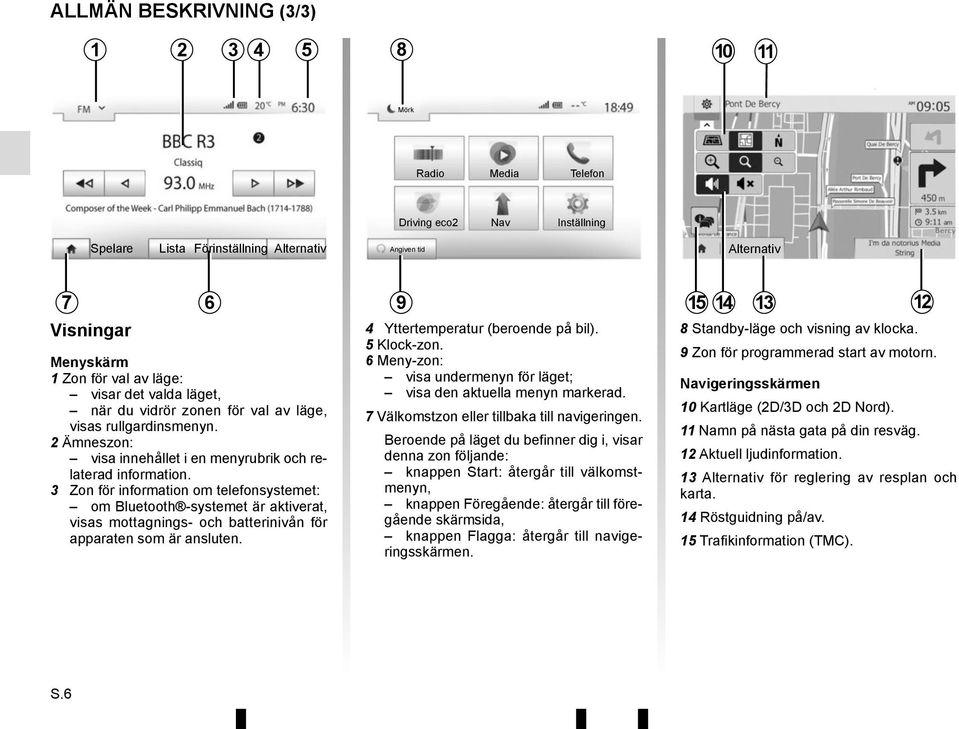 3 Zon för information om telefonsystemet: om Bluetooth -systemet är aktiverat, visas mottagnings- och batterinivån för apparaten som är ansluten. 6 9 4 Yttertemperatur (beroende på bil). 5 Klock-zon.