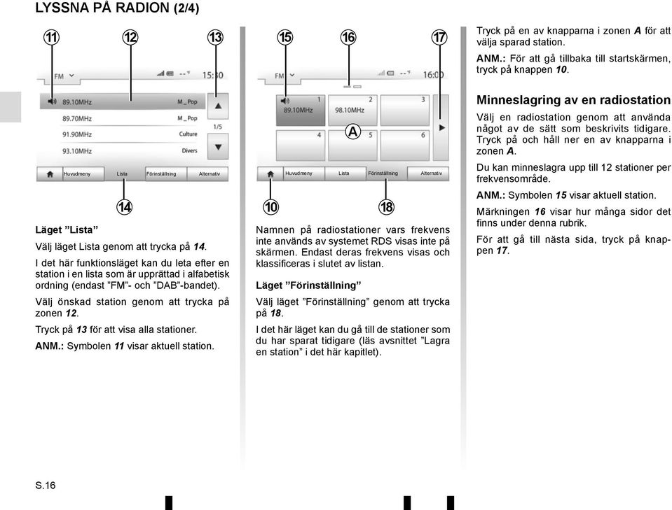 I det här funktionsläget kan du leta efter en station i en lista som är upprättad i alfabetisk ordning (endast FM - och DAB -bandet). Välj önskad station genom att trycka på zonen 12.