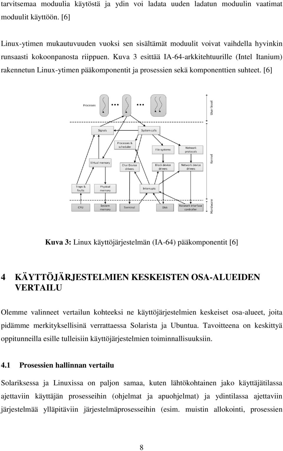 Kuva 3 esittää IA-64-arkkitehtuurille (Intel Itanium) rakennetun Linux-ytimen pääkomponentit ja prosessien sekä komponenttien suhteet.