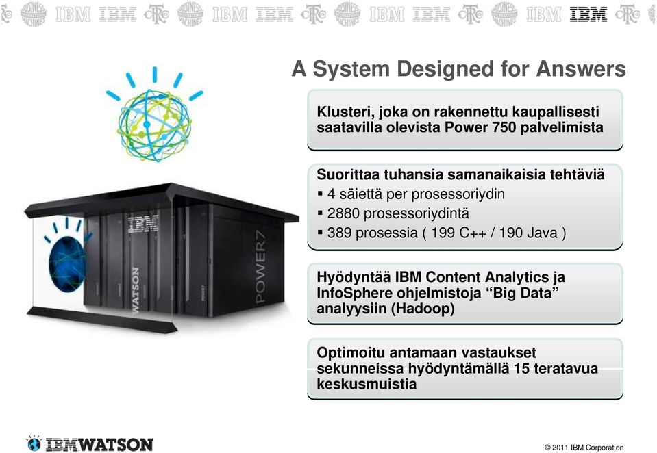 prosessoriydintä 389 prosessia ( 199 C++ / 190 Java ) Hyödyntää IBM Content Analytics ja InfoSphere